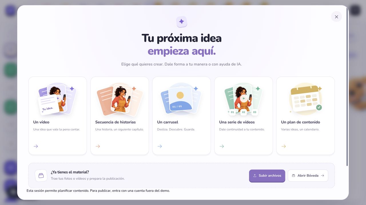 Selector real de Orgánico: vídeos, historias, carruseles, series y planes de contenido.