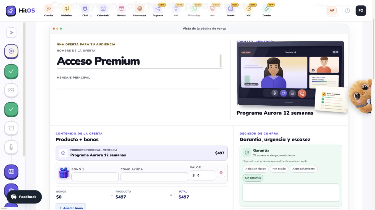 Editor real de ofertas de HitOS: producto, bonos y condiciones de una oferta de demostración.